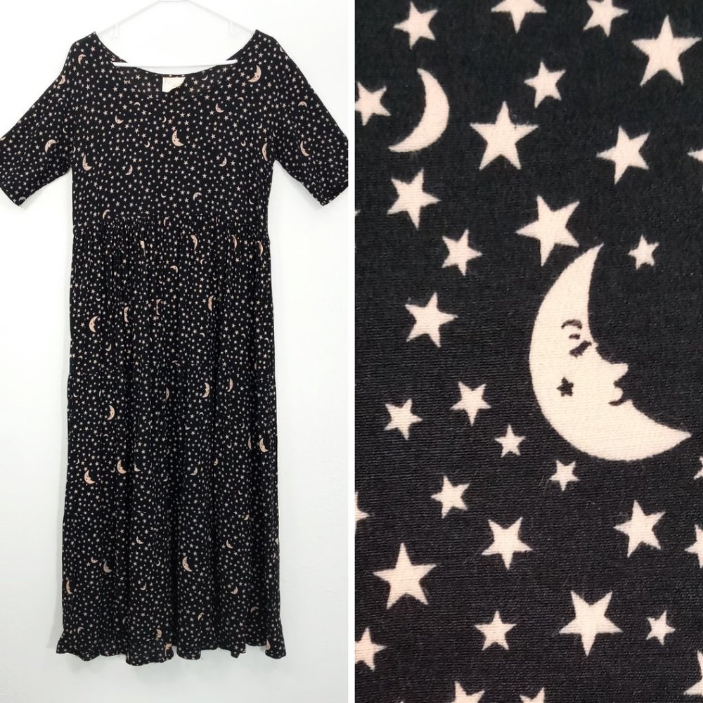 Vintage Romeo Star Moon Print Celestial Witchy Goth Boho Black Tiered Maxi Dress - Picture 1 of 14